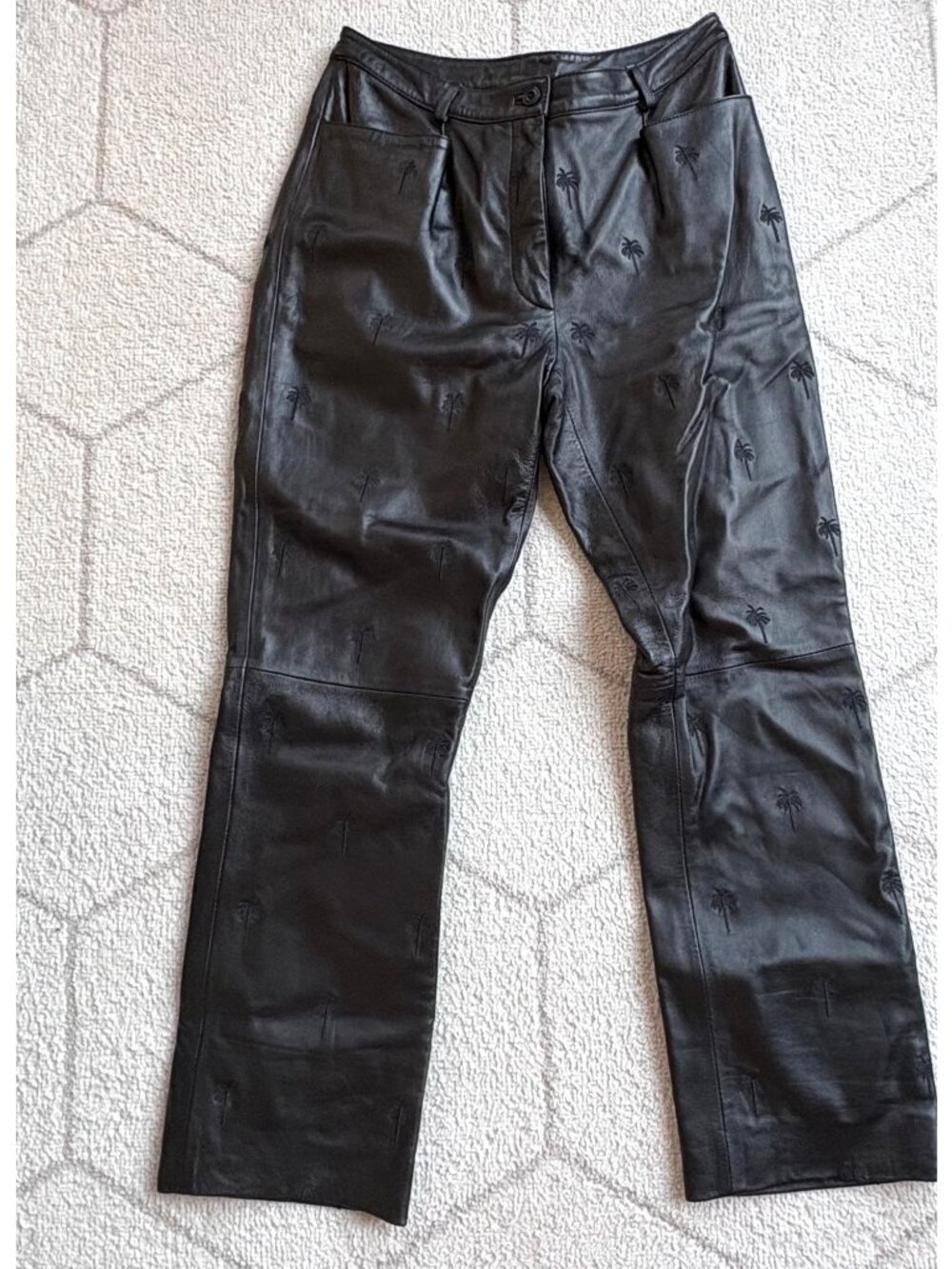 Lilly Pulitzer 100% Black Leather Palm Tree Embroidered Pants Straight Leg Size